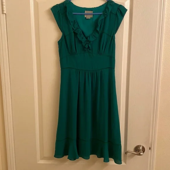 green emerald velvet dress Anthropologie Dress Womens 0 Green Button Up Long Sleeve Belted White Striped